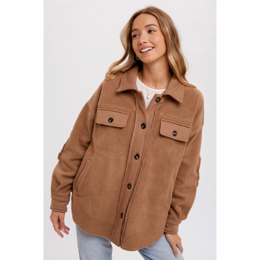 SOLD OUT Latte Button Front Fleece Jacket W/ Elbow Patches & Pockets Fall Winter - Picture 3 of 5